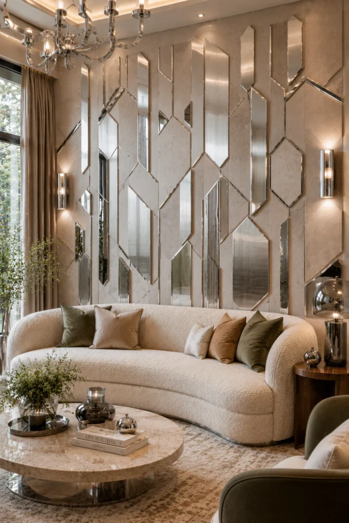 Chrome geometric wall panels creating a luxurious modern feature wall with warm lighting, sculptural furniture, and contemporary 2026 decor.