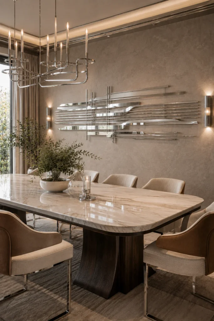 Sophisticated modern dining room with linear chrome wall art, a marble table, warm lighting, and refined contemporary 2026 decor.