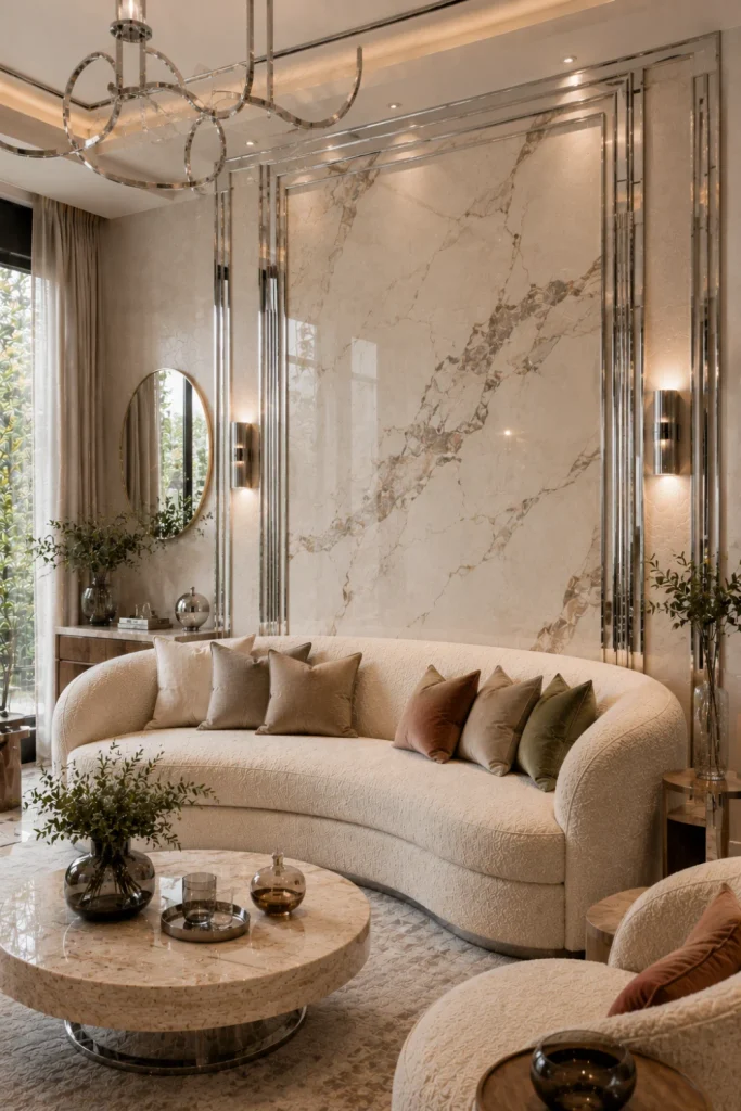 A modern chrome and marble wall accent creates a luxurious contemporary interior with warm lighting, sculptural furniture, and 2026 decor.