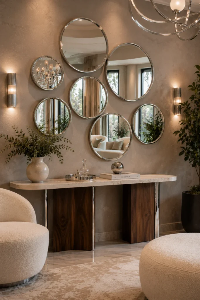 A chrome round mirror cluster is arranged above a contemporary console for a stylish designer-inspired luxe room with modern 2026 decor.