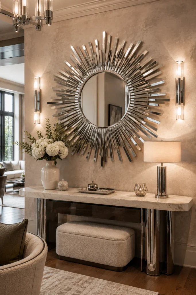 Chrome sunburst mirror above a luxe console with warm lighting, marble accents, and contemporary 2026 home decor.