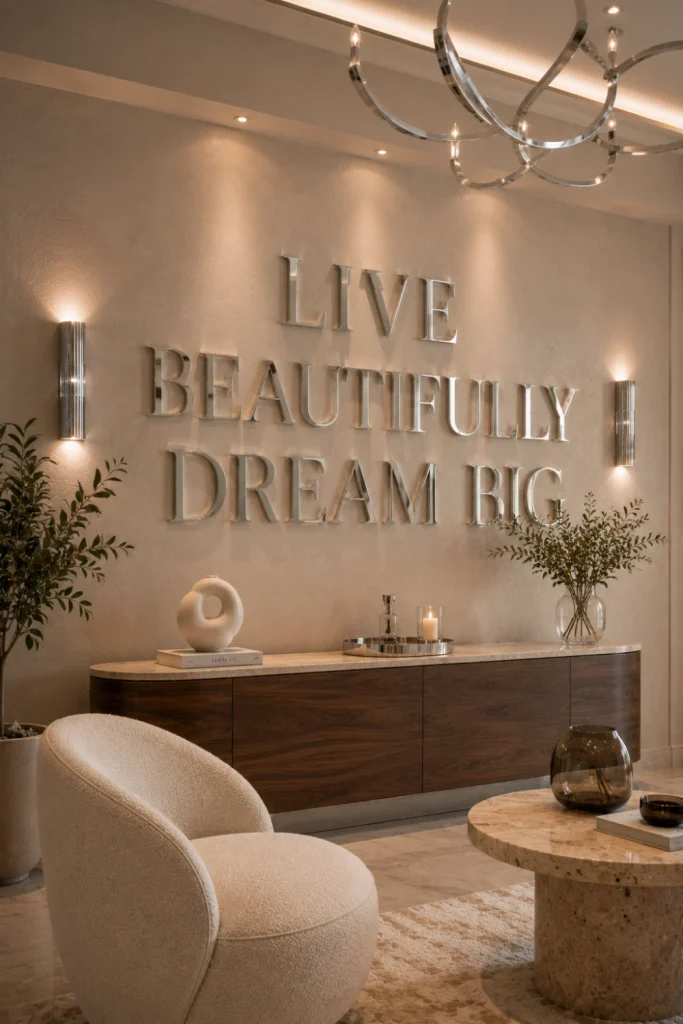 Minimalist chrome typography wall art styled in a luxurious contemporary room with warm neutrals and modern 2026 lighting.
