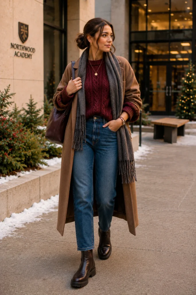 A chic winter school outfit featuring a chunky knit sweater, classic denim, a long coat, and Chelsea boots styled for modern student fashion.