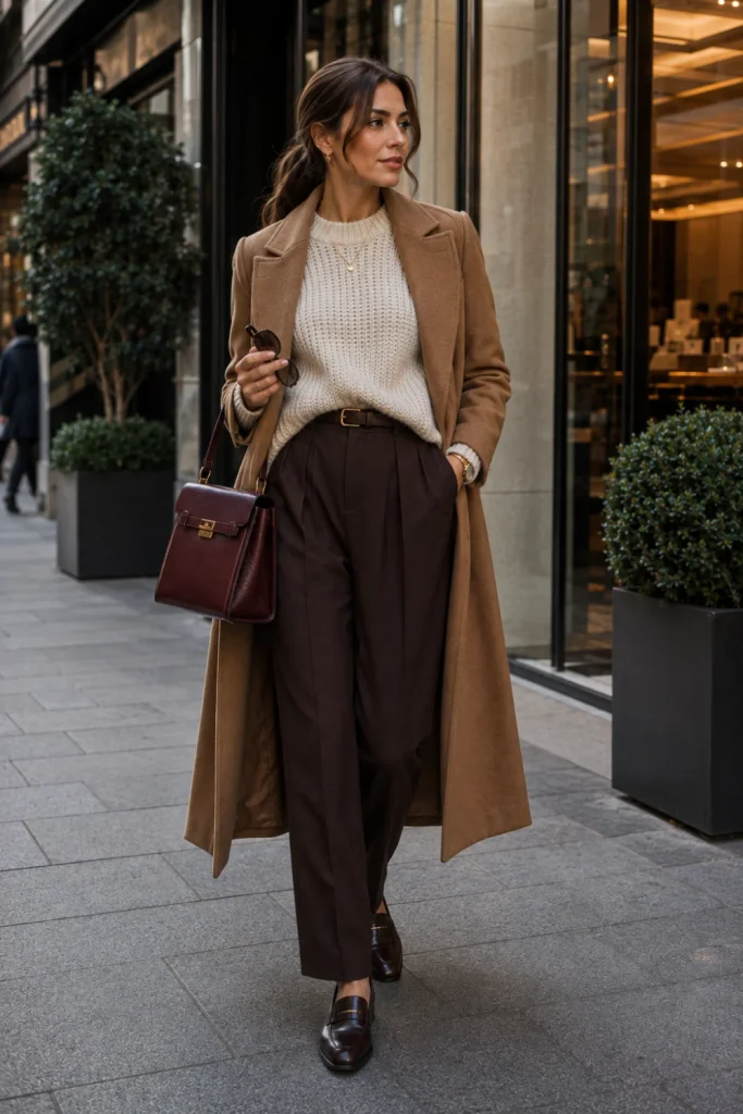 A cozy chunky knit sweater with pleated trousers, a long coat, and leather loafers in a polished old-money winter outfit.