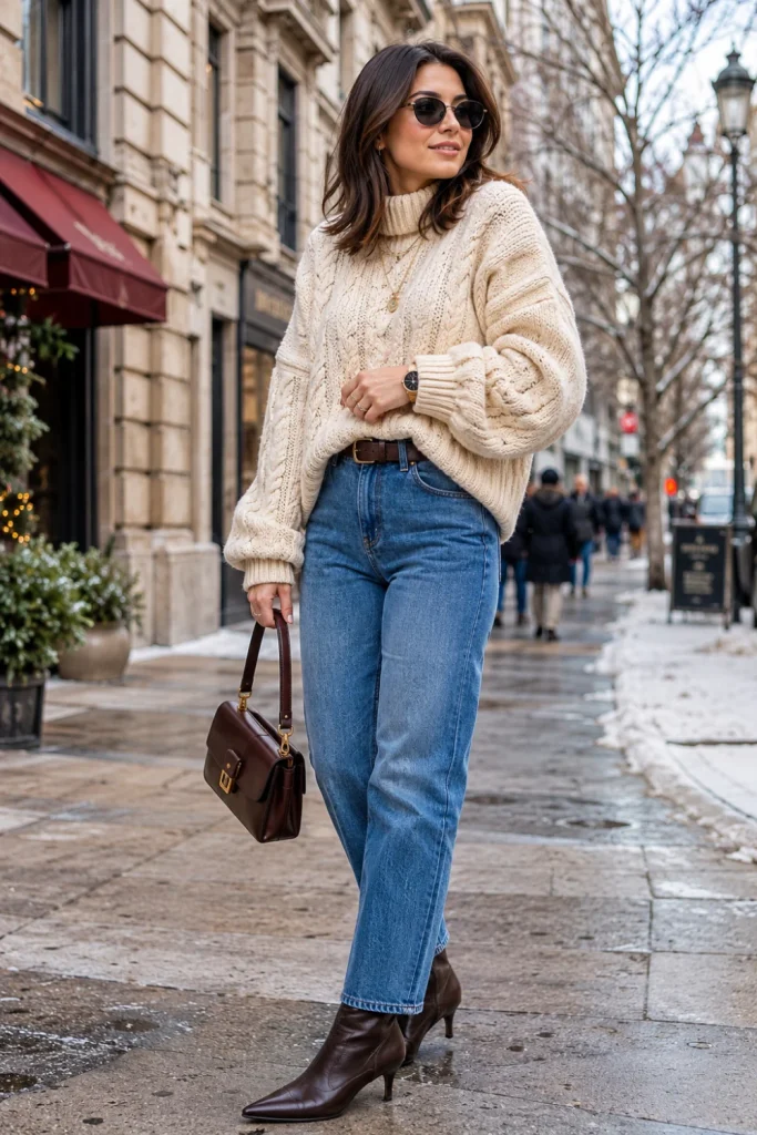 Ultra-realistic 2026 winter street-style outfit featuring a chunky cream knit sweater, straight-leg blue jeans, ankle boots, and chic modern accessories.