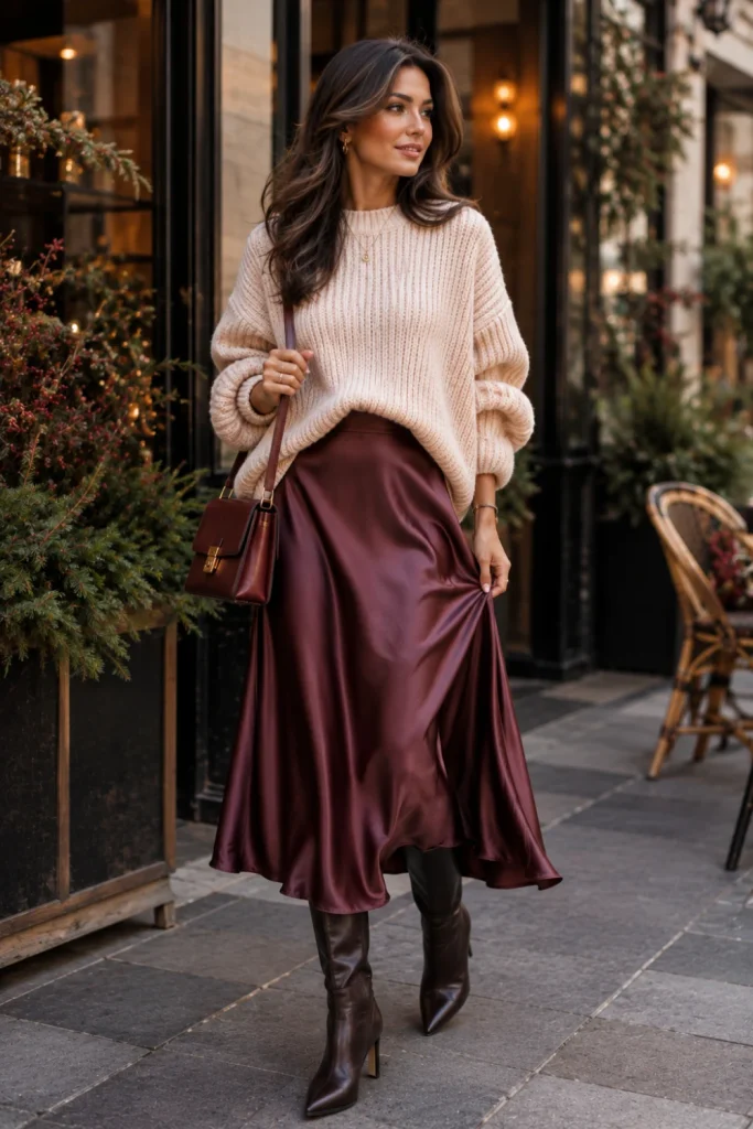 A fashionable woman wearing a chunky sweater with a satin midi skirt, tall boots, and a compact shoulder bag in a modern winter outfit.