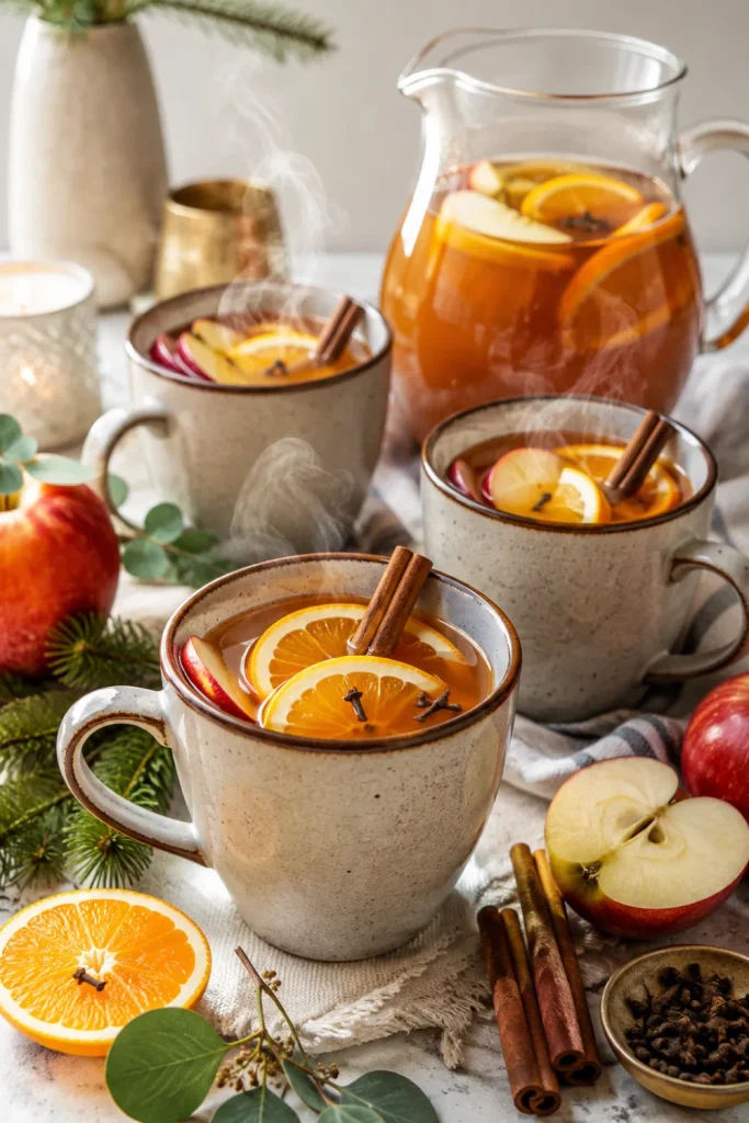 Warm cinnamon apple cider with orange, cloves, and apple slices served in stylish mugs for a festive winter gathering.