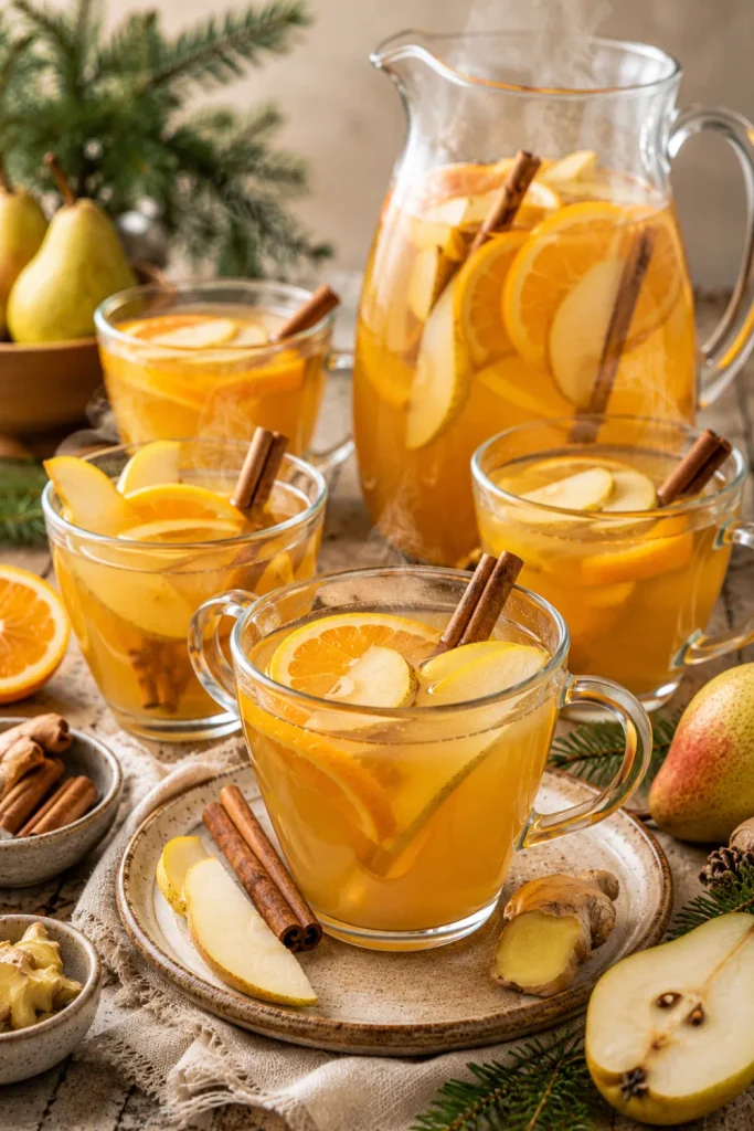 Warm cinnamon pear punch with pear slices, citrus, ginger, and cinnamon is styled for a colorful winter gathering.