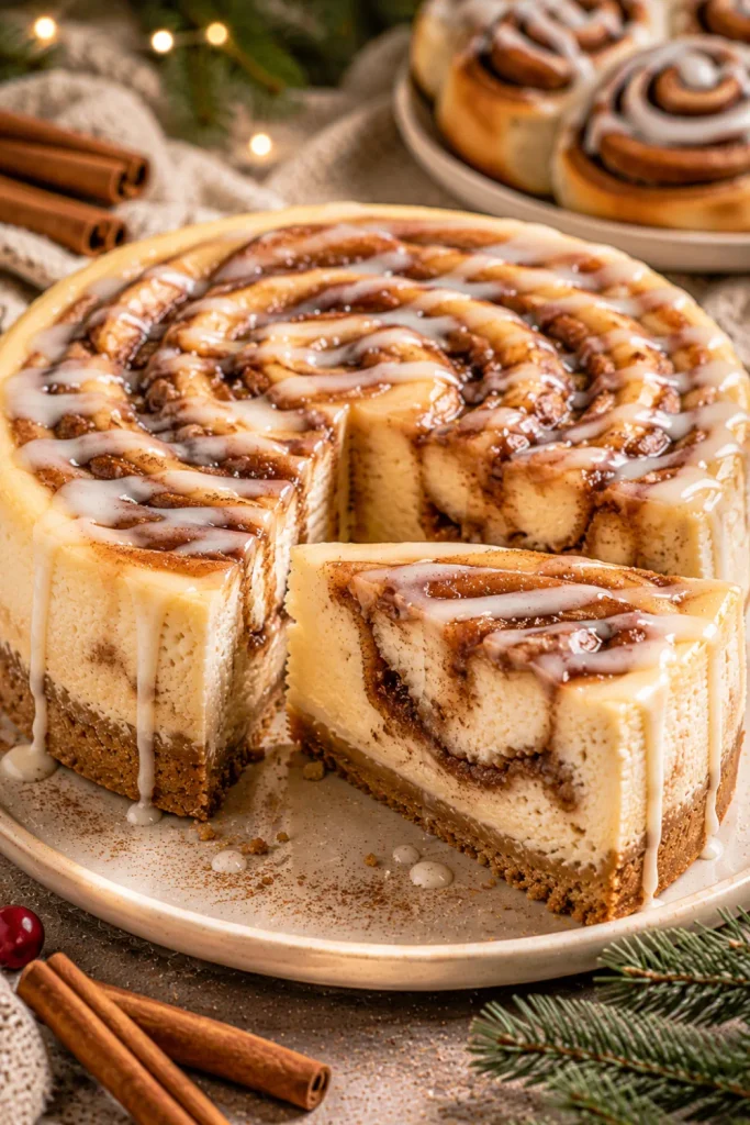 Cinnamon roll winter cheesecake with creamy filling, cinnamon swirl, buttery crust, and sweet vanilla glaze.