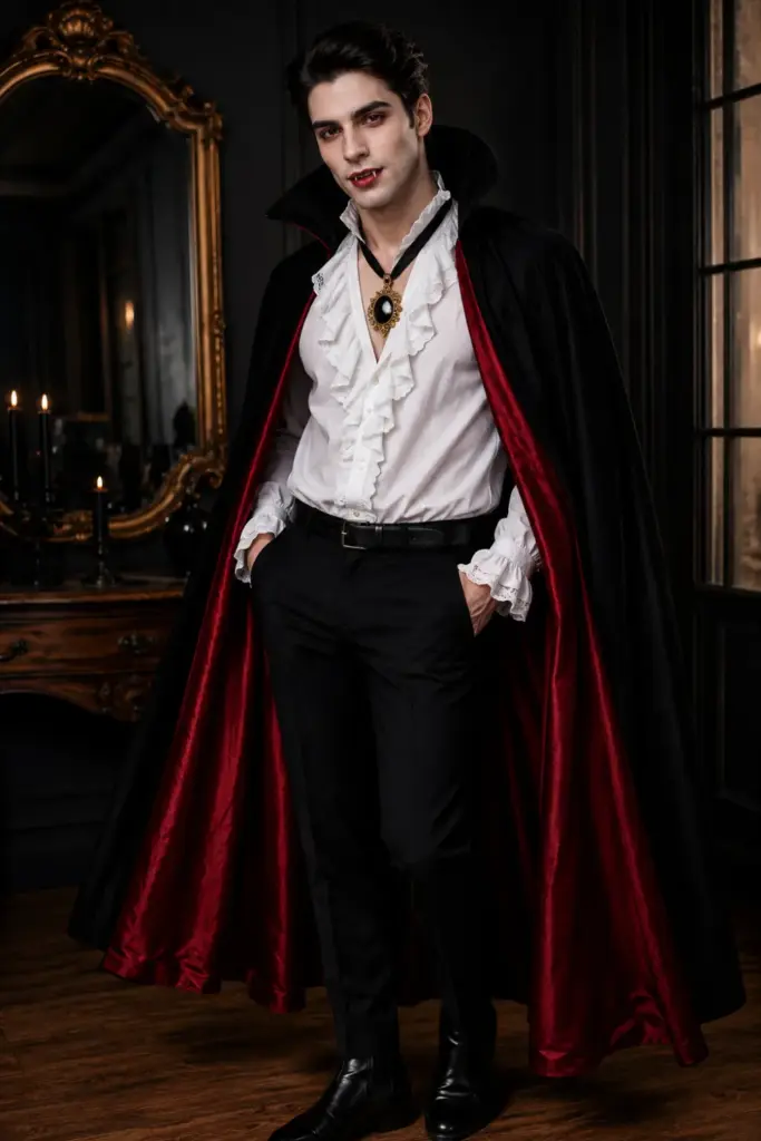 Classic Dracula costume with black cape, red satin lining, white ruffled shirt, medallion, and modern black trousers for Halloween.