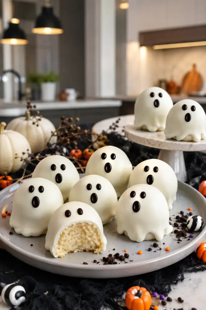 Classic ghostly vanilla cake balls coated in white chocolate with cute candy eyes on a colorful modern Halloween party dessert table.