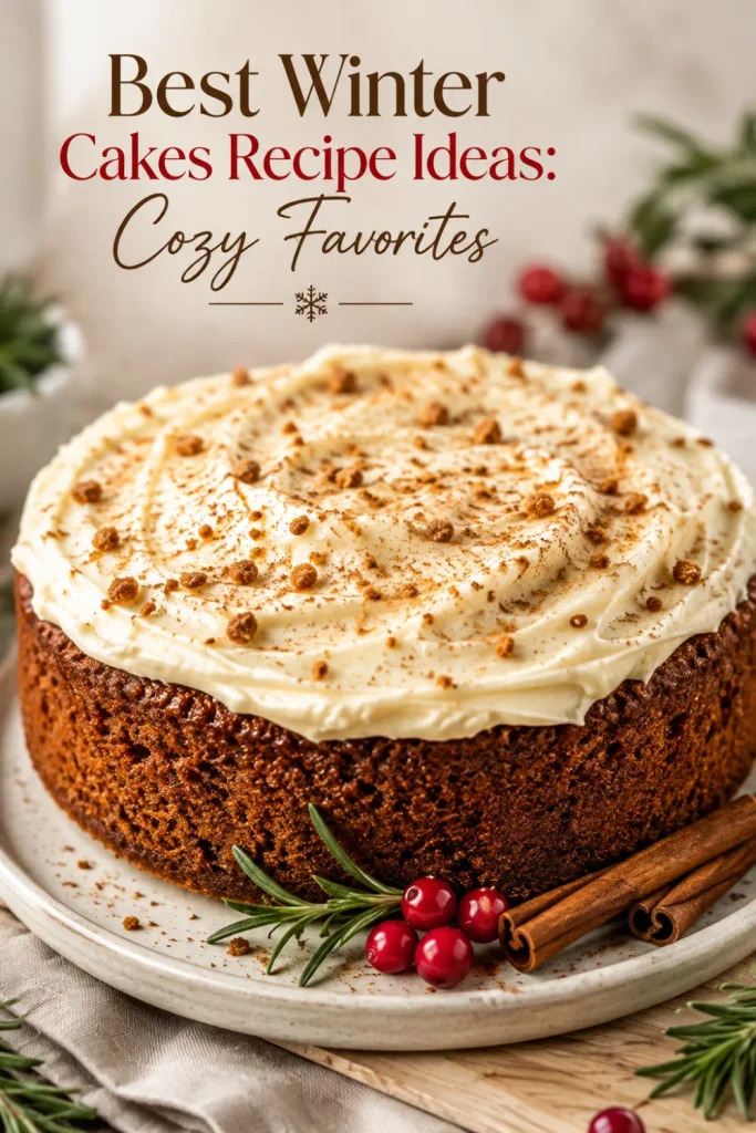 Classic gingerbread cake topped with creamy cream cheese frosting, cinnamon, gingerbread crumbs, and festive winter garnish for Best Winter Cakes Recipe Ideas: Cozy Favorites.
