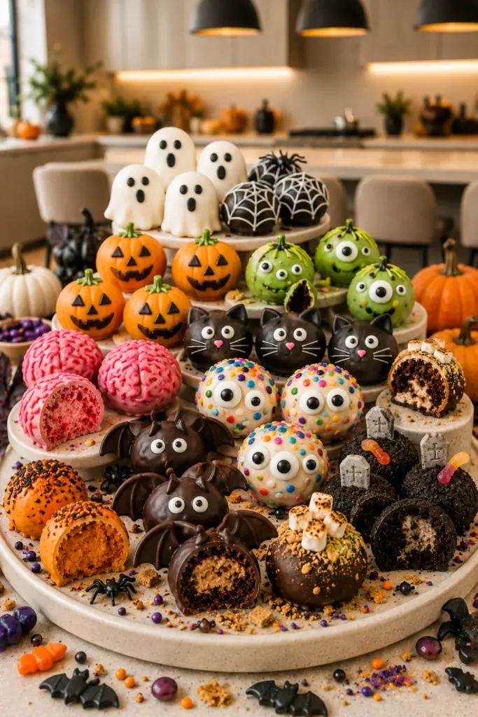 Colorful Classic Halloween Cake Ball Party Platter featuring assorted spooky cake balls, pumpkins, monsters, ghosts, and modern party styling.