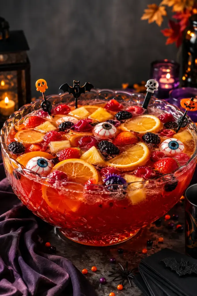 Classic Halloween jungle juice with fruit punch, orange soda, pineapple juice, vodka, colorful fruit, and spooky Halloween garnishes served in a large party bowl.