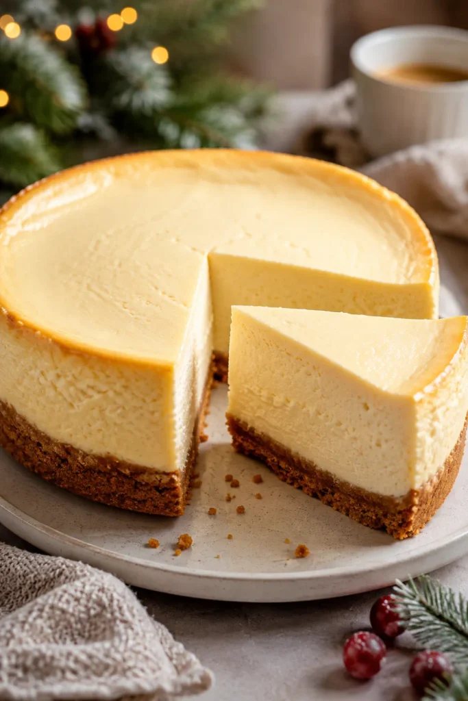 Classic New York winter cheesecake with creamy vanilla filling, buttery graham cracker crust, and elegant winter styling.