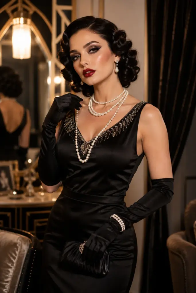 Classic silent film star Halloween outfit with vintage-inspired black dress, sculpted waves, dramatic eyeliner, pearls, and modern 2026 styling.