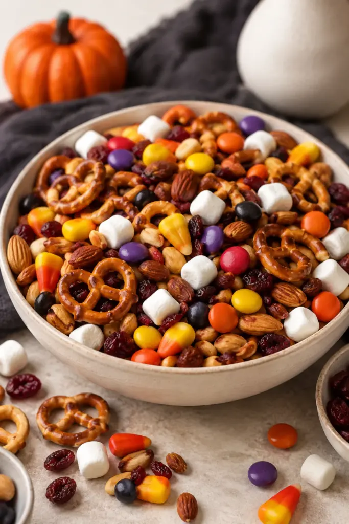Classic sweet and salty gluten-free Halloween trail mix with pretzels, candy corn, Halloween M&Ms, roasted nuts, dried cranberries, and mini marshmallows styled for Pinterest.