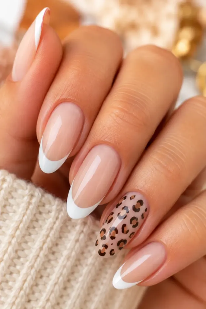 Classy cute French tip nail designs for school featuring classic white French tips with a subtle cheetah print accent on the ring finger.