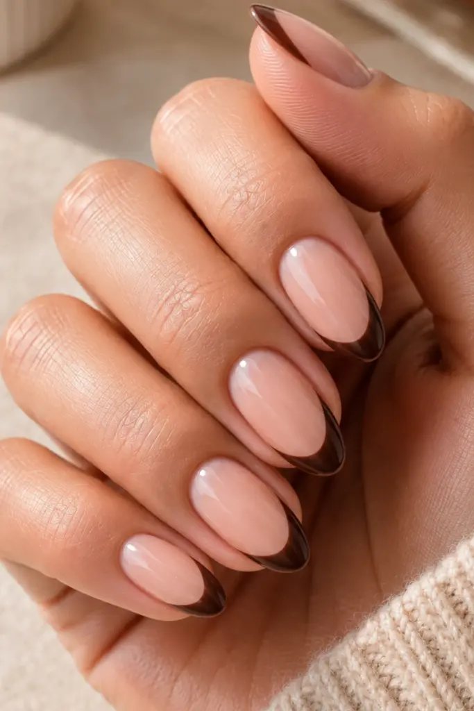 Classy cute French tip nail designs for school featuring sophisticated chocolate brown French tips on a warm nude base with a glossy finish.