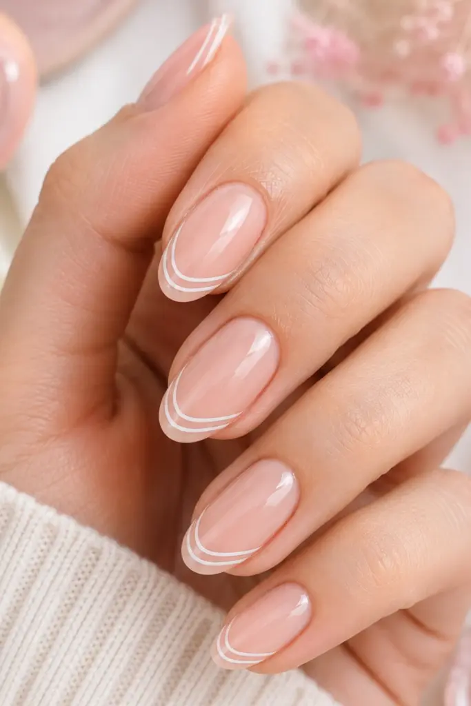 Classy cute French tip nail designs for school featuring two delicate parallel white French lines over a glossy nude base for a modern minimalist manicure.