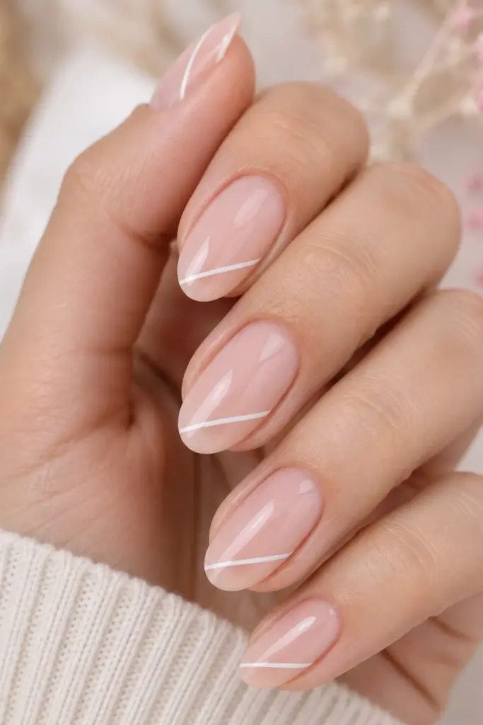 Classy cute French tip nail designs for school featuring minimalist white diagonal geometric lines over a sheer nude base.