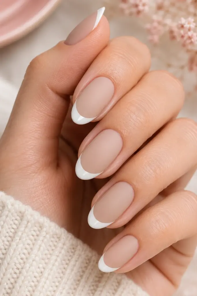 Classy cute French tip nail designs for school featuring a matte nude base contrasted with glossy white French tips for a chic texture-mix manicure.