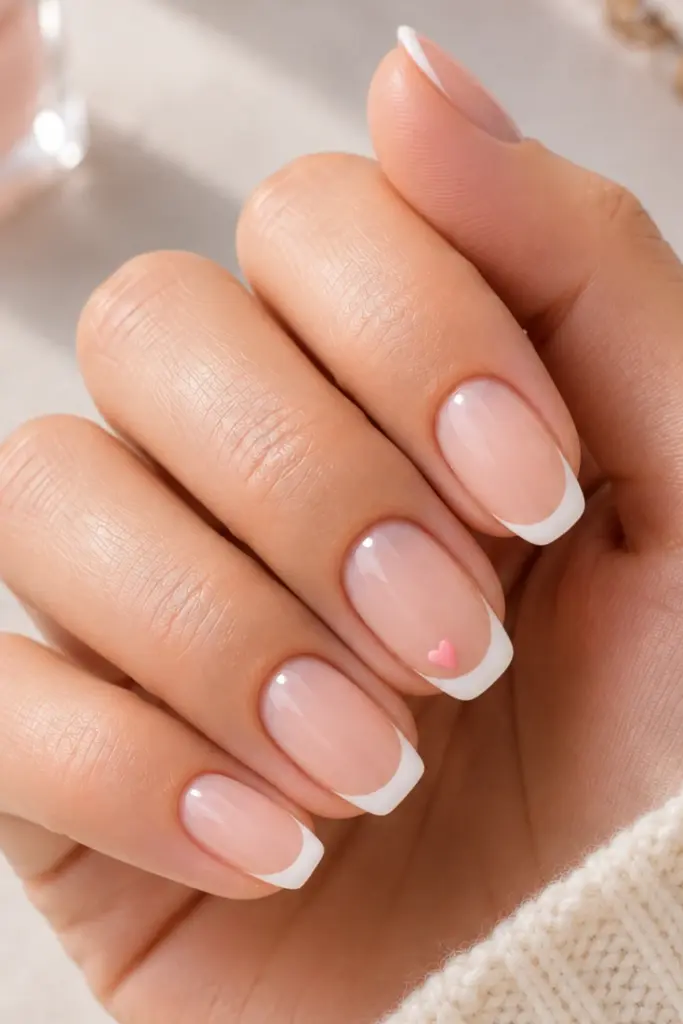 Classy Cute French Tip Nail Designs For School with elegant white French tips and a tiny heart accent on the ring finger.