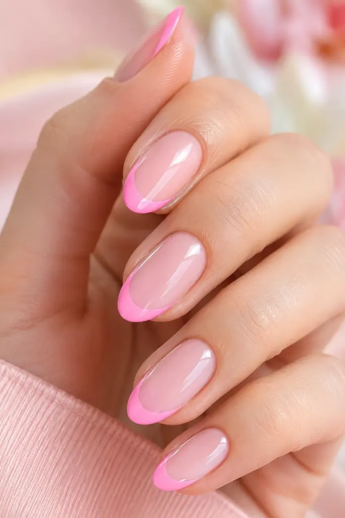 Classy cute French tip nail designs for school featuring a sheer pink base with brighter pastel pink French tips in a glossy modern manicure.