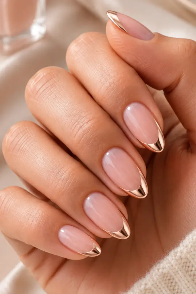 Classy cute French tip nail designs for school featuring reflective rose gold metallic French tips over a sheer pink nude base.