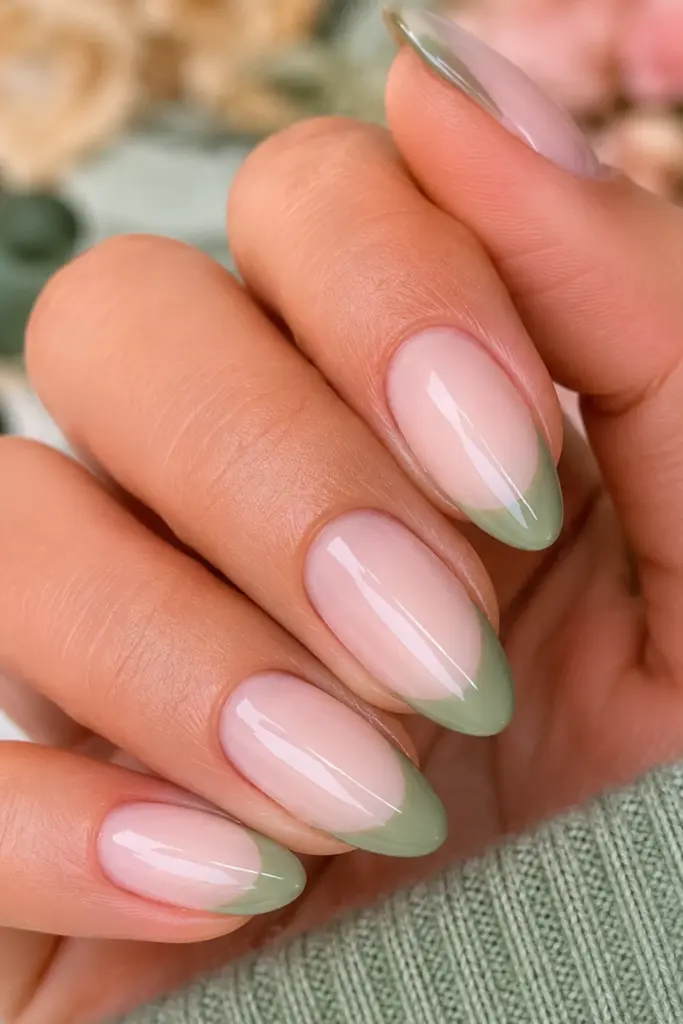 Classy cute French tip nail designs for school featuring soft sage green French tips on a luminous milky white base.