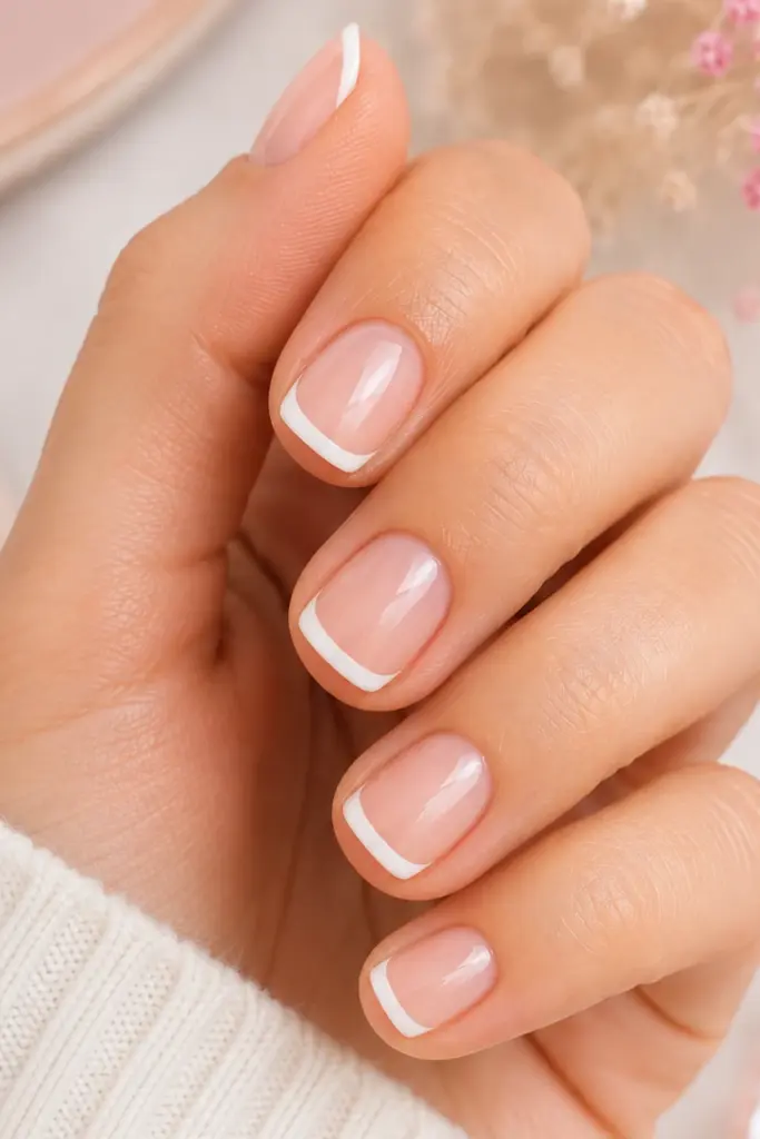 Classy cute French tip nail designs for school featuring short square nails with clean white French tips and a sheer nude glossy base.