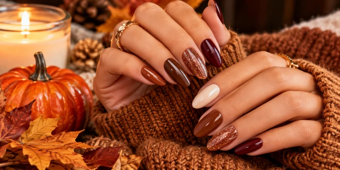 Classy fall nail colors in burgundy, chocolate brown, caramel, nude, and copper for a chic autumn look