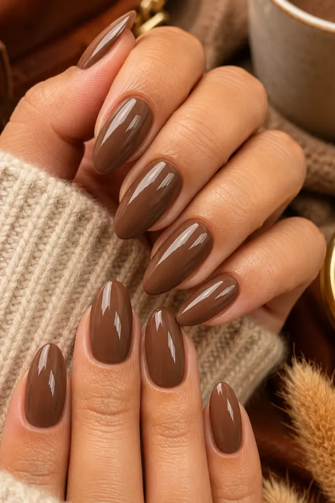 Glossy mocha mousse manicure with rich chocolate-brown nails for an elegant, classy autumn look.