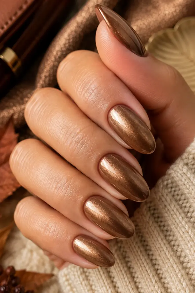 Metallic bronze shimmer manicure with glowing, reflective nails styled for a classy, chic autumn look.