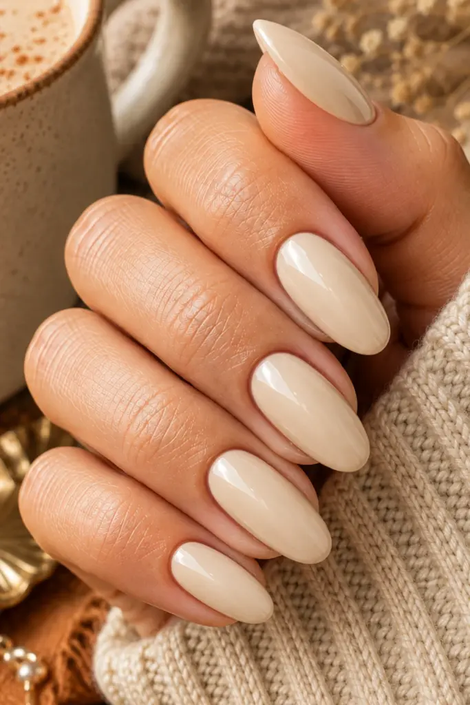 Milky vanilla chai manicure with creamy glossy neutral nails for a chic classy autumn look.