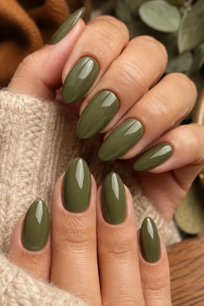 Mossy olive green manicure with glossy earthy nails styled in a colorful classy autumn Pinterest aesthetic.