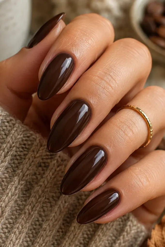 Rich espresso brown fall manicure with glossy almond-shaped nails styled for a classy autumn look.
