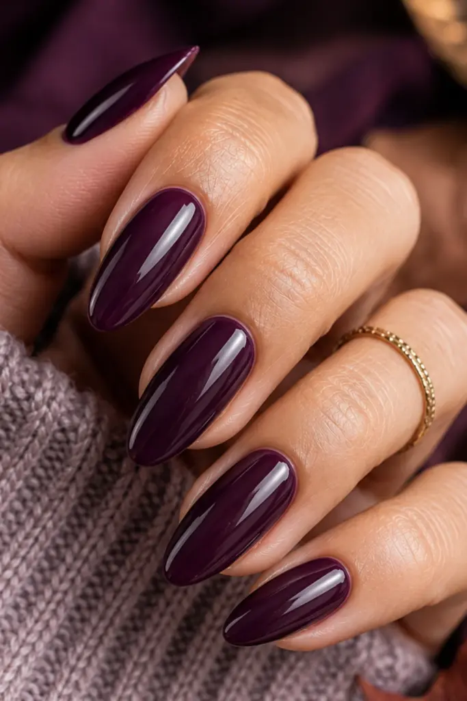 Smoky plum purple manicure with glossy elegant nails for a sophisticated classy fall look.