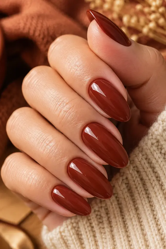 Spiced cinnamon red manicure with warm muted red nails for an elegant and chic autumn nail look.