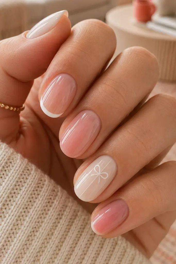 Clean girl nail combo featuring milky white, soft pink, micro French tips, and tiny bow accents for back-to-school.