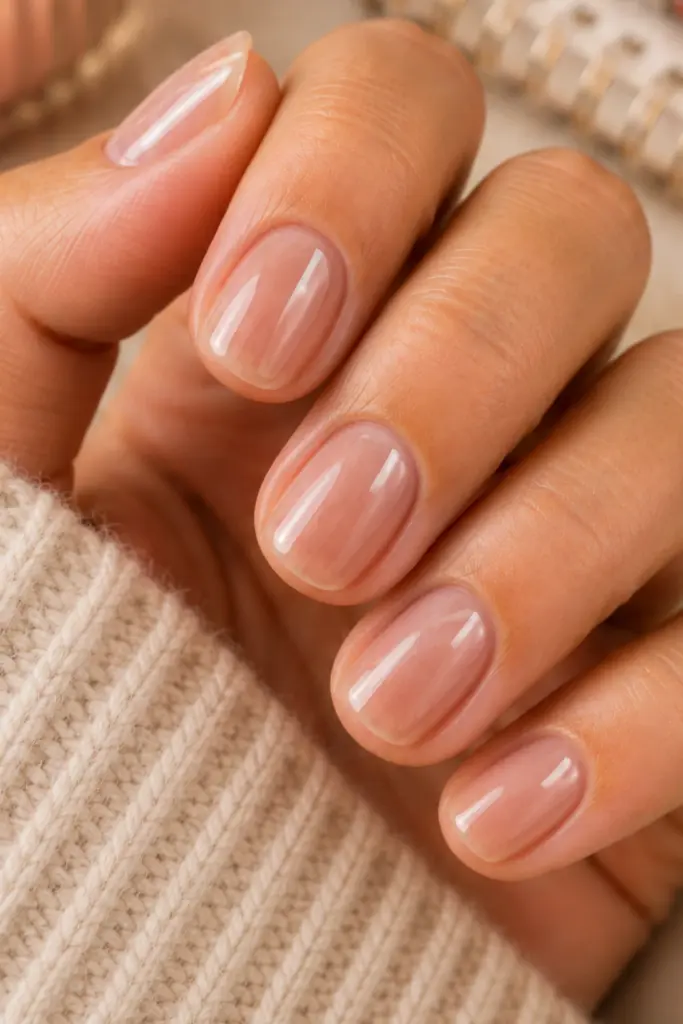 Viral clear glass transparent short nails with a sleek glossy finish for a chic autumn manicure.