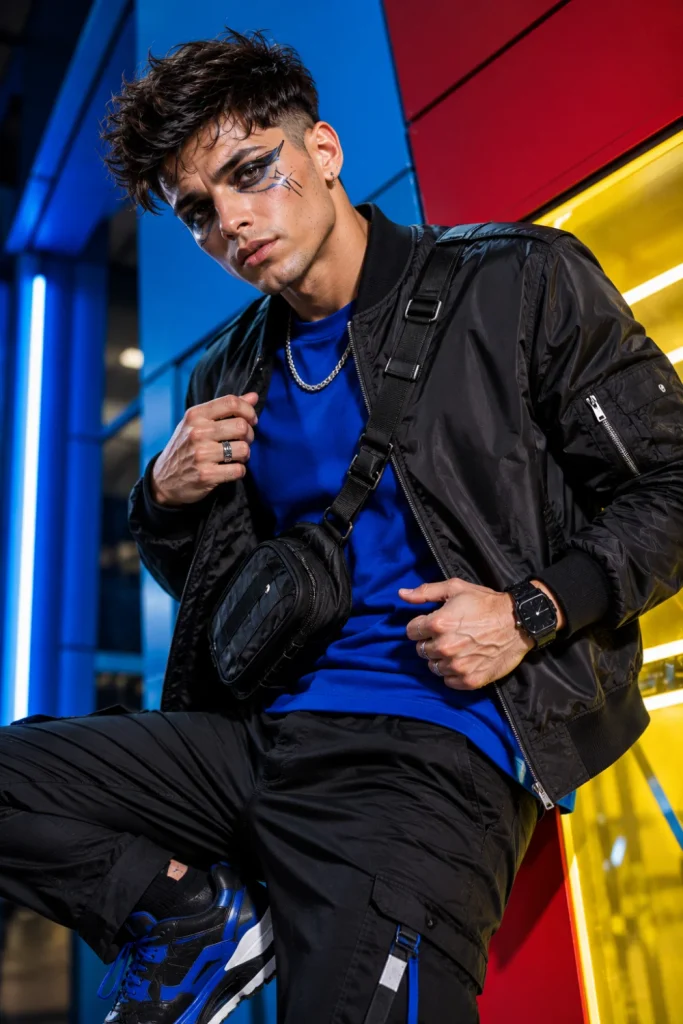 Modern comic book hero Halloween outfit for men with fitted streetwear, graphic face makeup, bold accessories, and colorful styling.