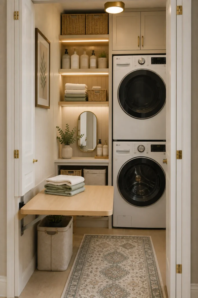 Compact modern laundry closet with a foldable table, vertical storage, woven baskets, warm white cabinets, oak accents, and chic 2026 lighting.
