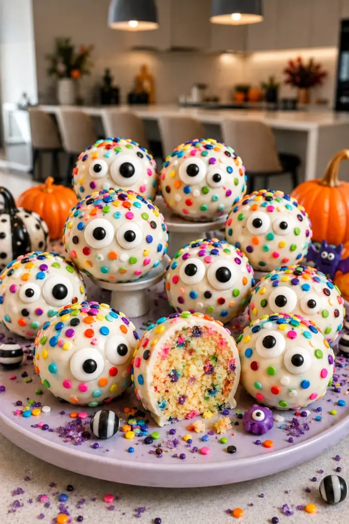 Confetti Monster Eye Cake Balls covered in colorful sprinkles and candy eyes with a bright, contemporary Halloween party presentation.