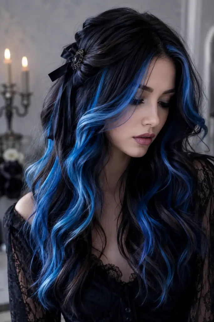 Corpse Bride-inspired blue streaks in tousled modern waves for Easy Best Halloween Hair Design Ideas for Stunning Looks