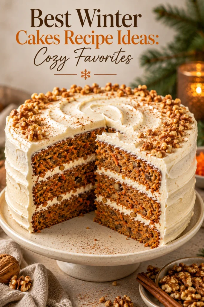 Cozy carrot cake topped with walnuts and creamy cream cheese frosting, styled for Best Winter Cakes Recipe Ideas: Cozy Favorites.