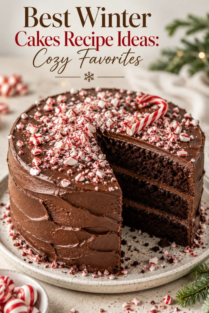 Rich chocolate peppermint cake with creamy chocolate frosting, crushed peppermint crumbs, and festive winter styling for Best Winter Cakes Recipe Ideas: Cozy Favorites.