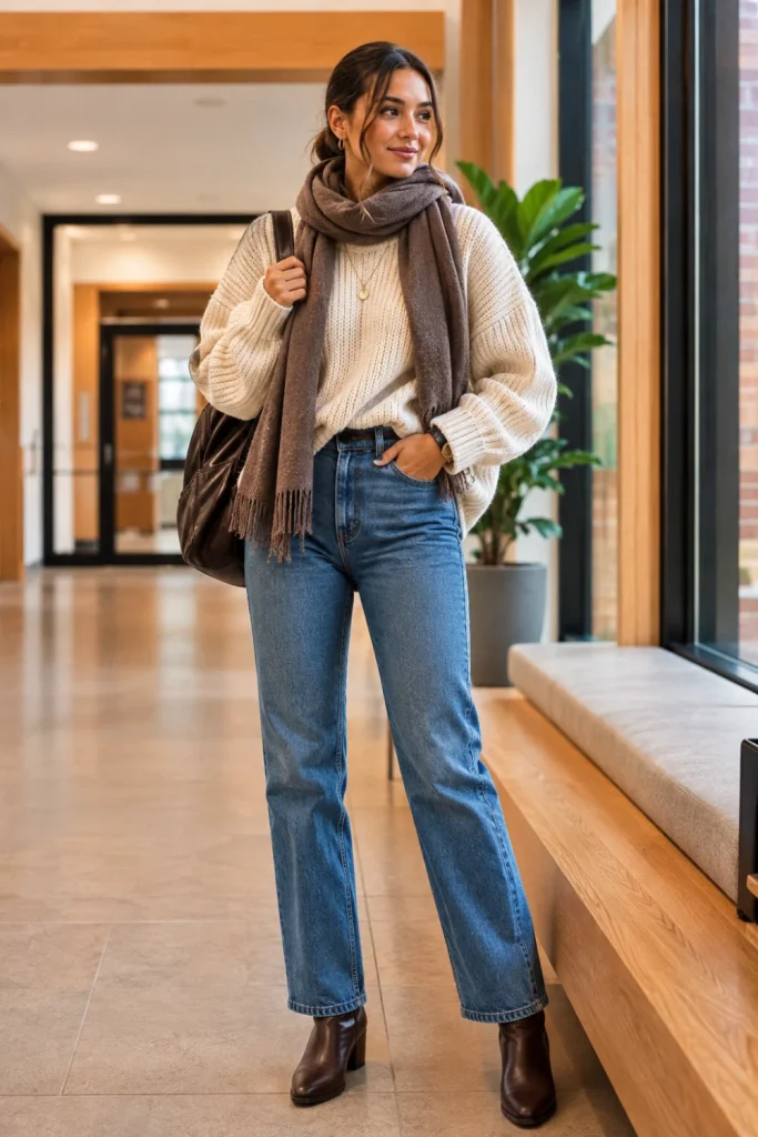 Cozy chunky sweater with straight-leg jeans and ankle boots styled as a trendy winter school outfit for students, photographed in a modern Pinterest fashion setting.
