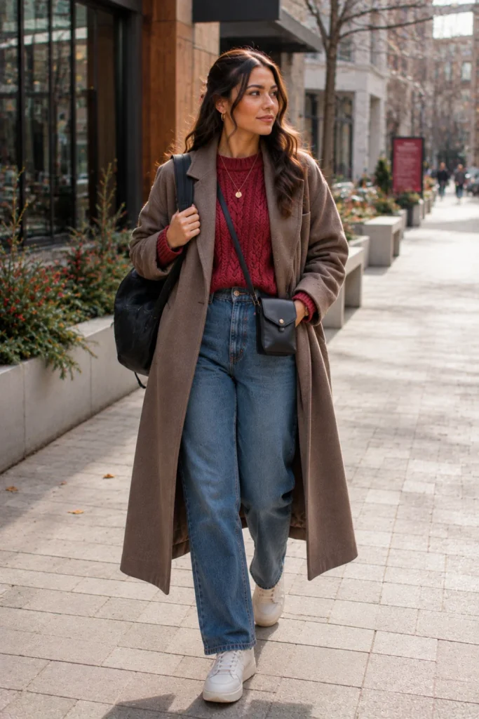 A cozy modern student winter outfit with a knit sweater, relaxed jeans, a wool coat, and clean sneakers styled for a chic school-day look.