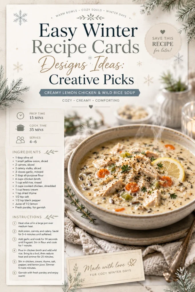Cozy Nordic winter recipe card with cream tones, delicate snowflakes, modern typography, and warm food photography.